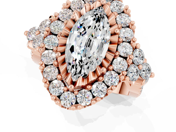 Rose gold Marquise Cut Moissanite Halo Ring with Pavé Band and Four-Prong Setting