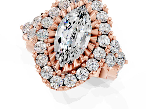 Rose gold Marquise Cut Moissanite Halo Ring with Pavé Band and Four-Prong Setting_13