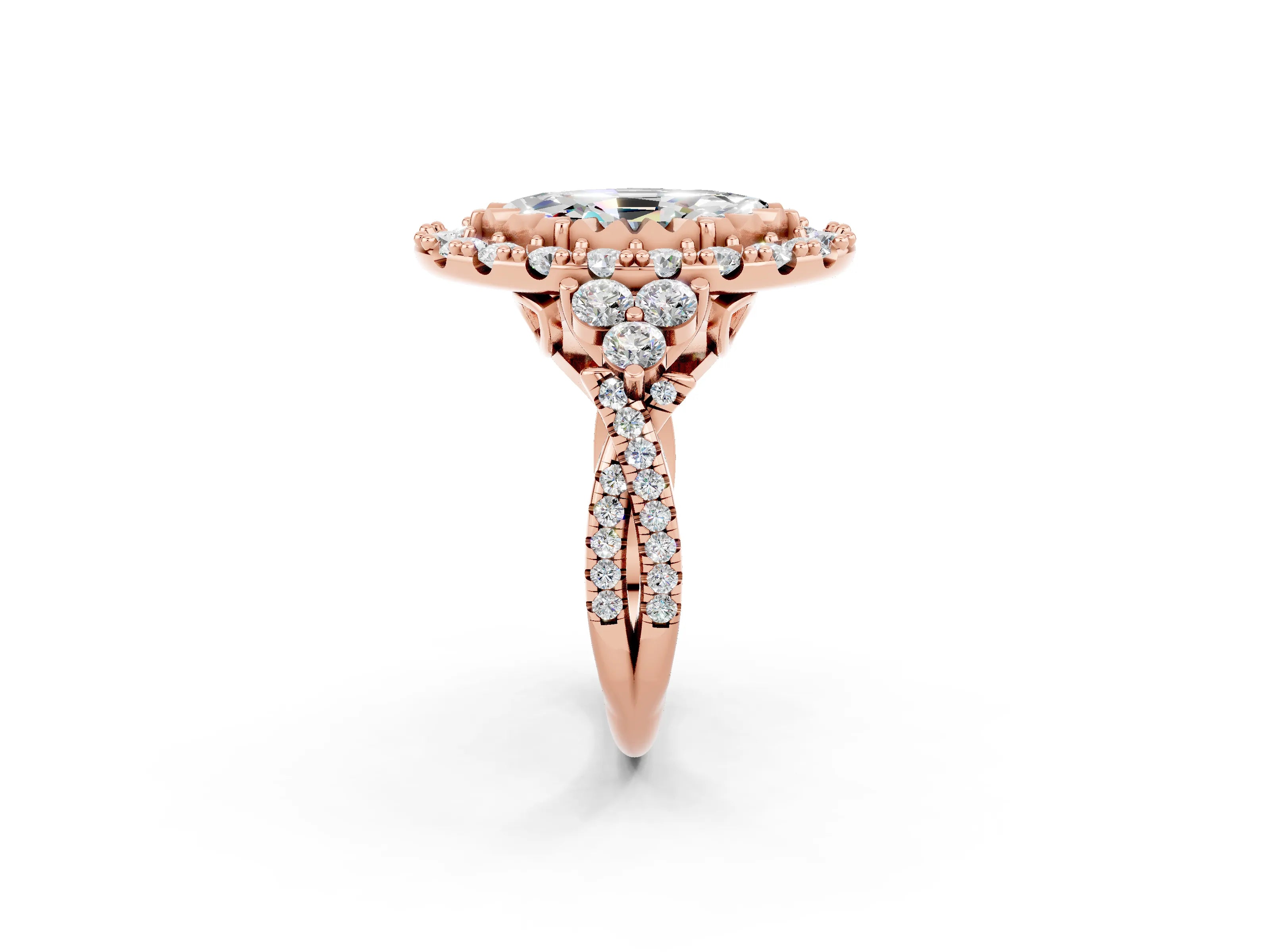 Rose gold Marquise Cut Moissanite Halo Ring with Pavé Band and Four-Prong Setting_14