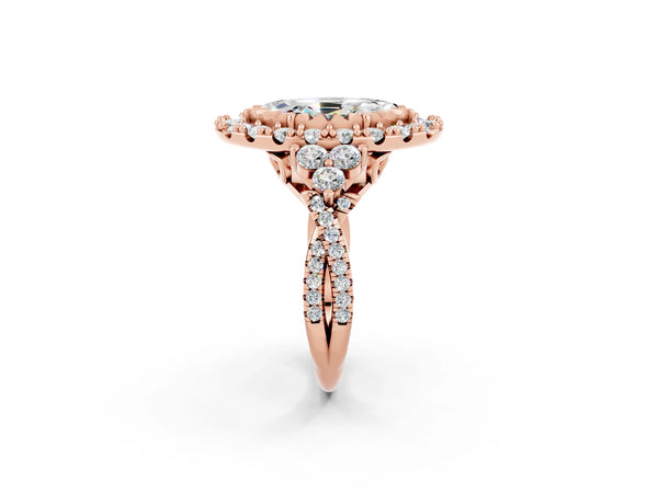 Rose gold Marquise Cut Moissanite Halo Ring with Pavé Band and Four-Prong Setting