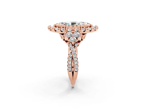 Rose gold Marquise Cut Moissanite Halo Ring with Pavé Band and Four-Prong Setting_14