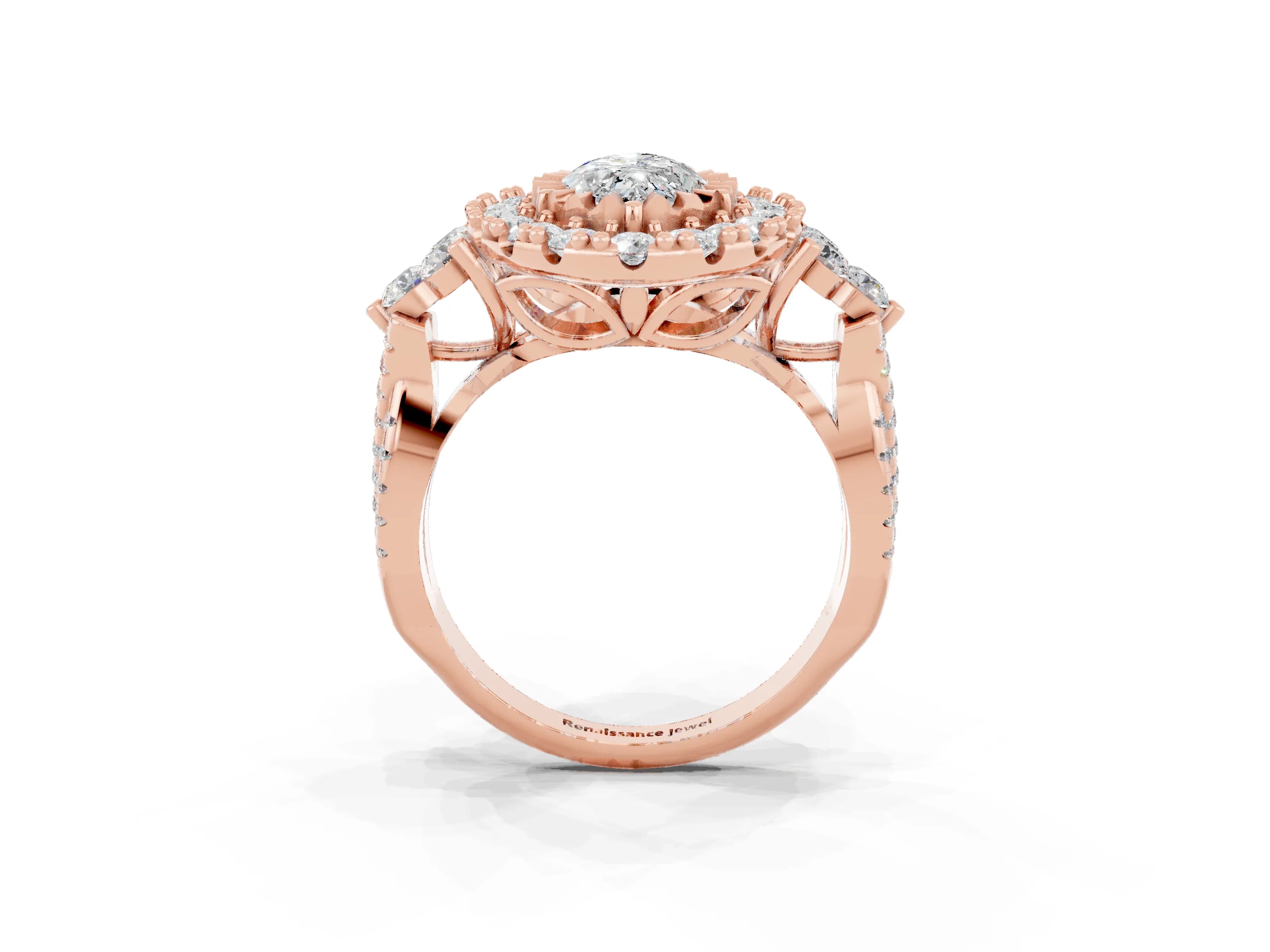 Rose gold Marquise Cut Moissanite Halo Ring with Pavé Band and Four-Prong Setting_15