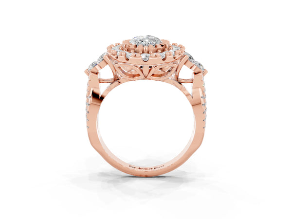 Rose gold Marquise Cut Moissanite Halo Ring with Pavé Band and Four-Prong Setting