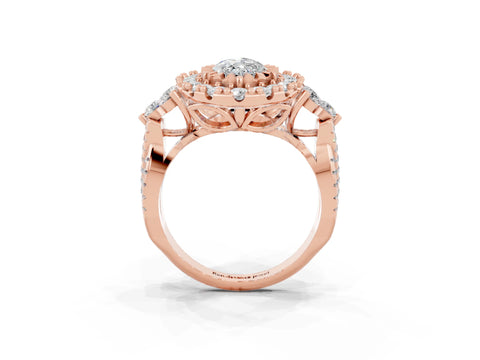 Rose gold Marquise Cut Moissanite Halo Ring with Pavé Band and Four-Prong Setting_15