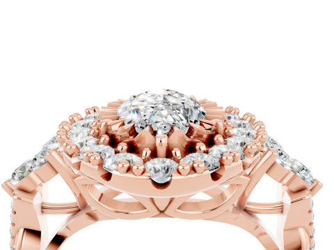 Rose gold Marquise Cut Moissanite Halo Ring with Pavé Band and Four-Prong Setting_16