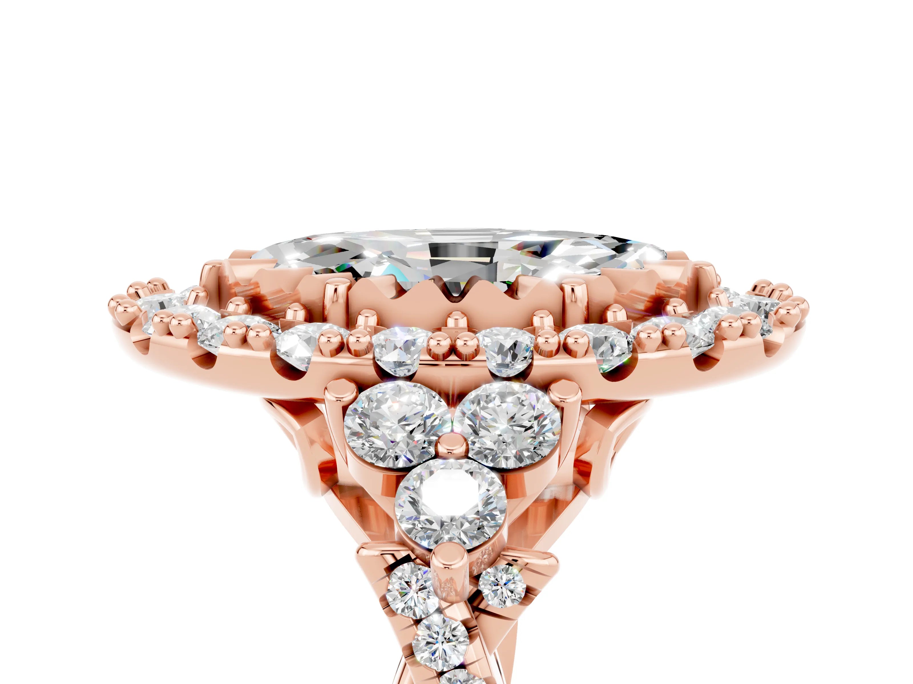 Rose gold Marquise Cut Moissanite Halo Ring with Pavé Band and Four-Prong Setting_17