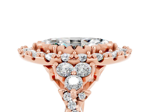 Rose gold Marquise Cut Moissanite Halo Ring with Pavé Band and Four-Prong Setting_17