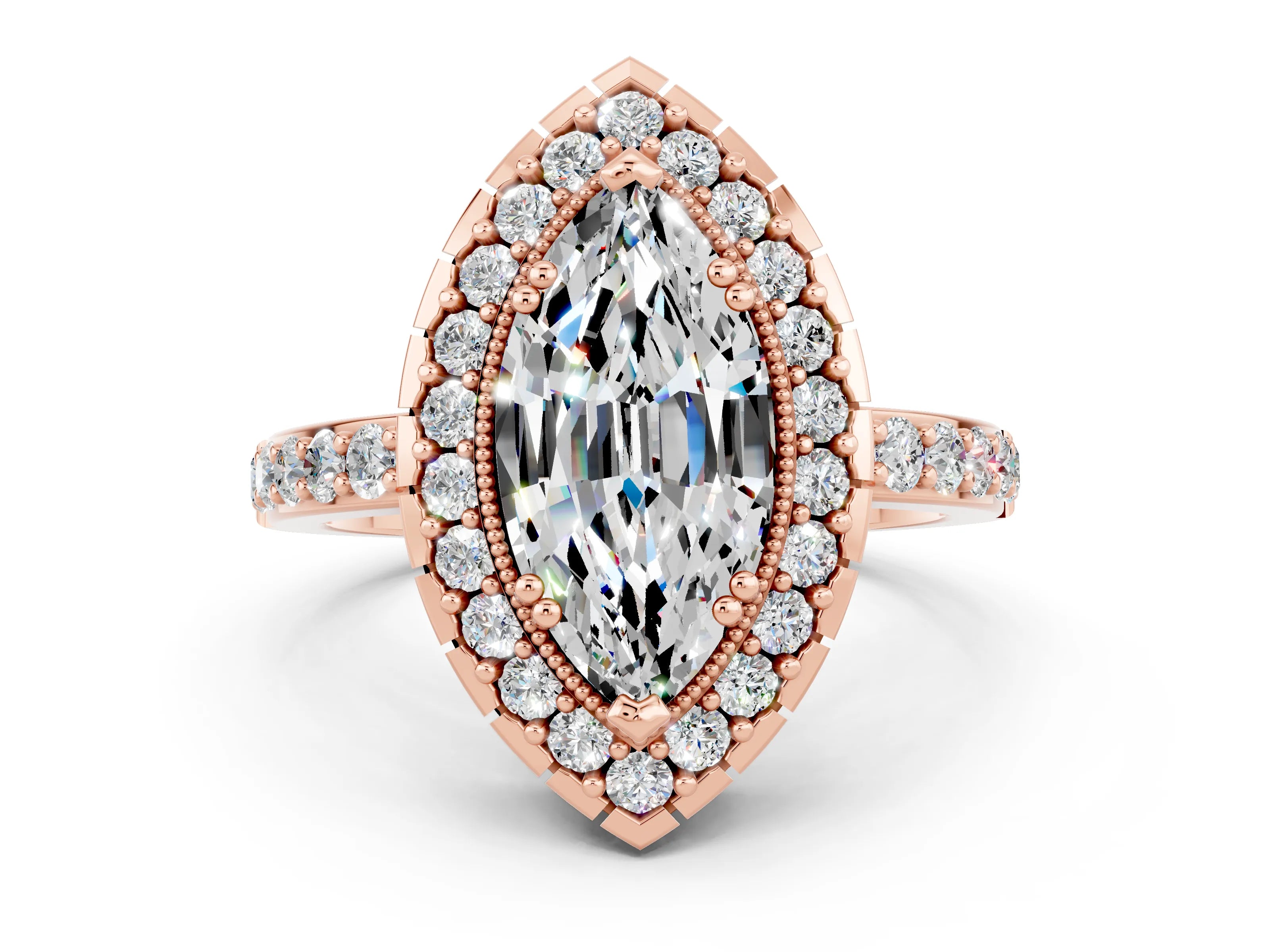 Rose gold Marquise Cut Moissanite Halo Ring with Pavé Band and Prong Setting