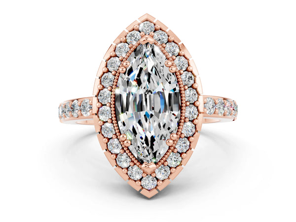 Rose gold Marquise Cut Moissanite Halo Ring with Pavé Band and Prong Setting