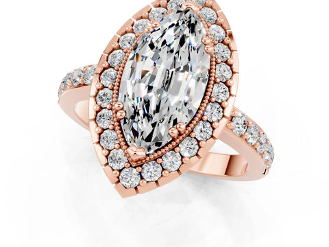 Rose gold Marquise Cut Moissanite Halo Ring with Pavé Band and Prong Setting_1