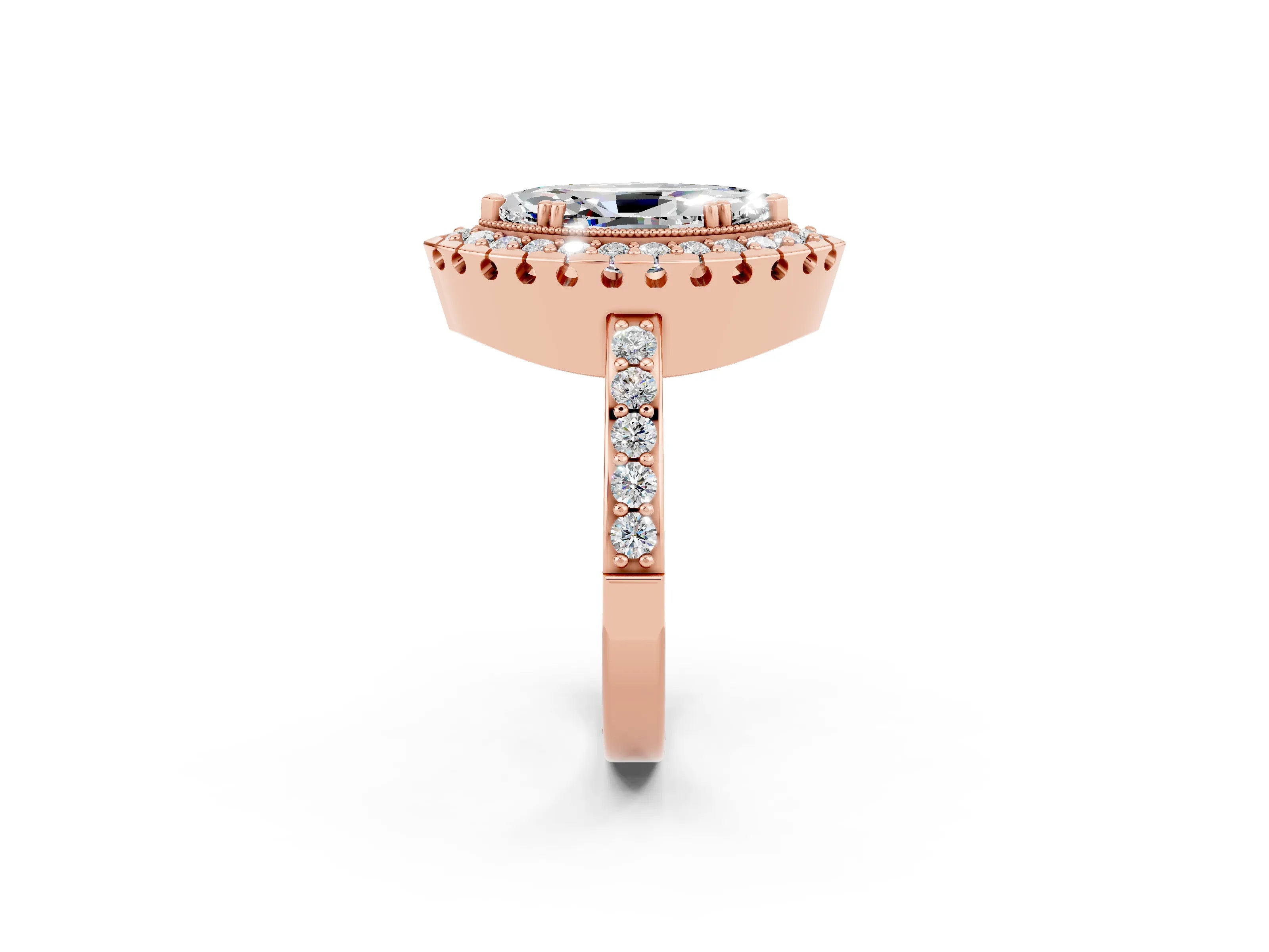 Rose gold Marquise Cut Moissanite Halo Ring with Pavé Band and Prong Setting_2