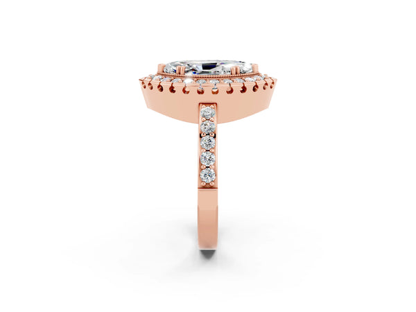 Rose gold Marquise Cut Moissanite Halo Ring with Pavé Band and Prong Setting