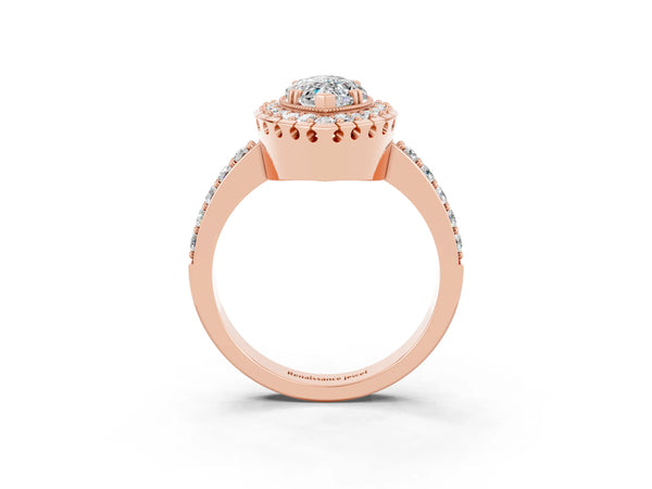 Rose gold Marquise Cut Moissanite Halo Ring with Pavé Band and Prong Setting