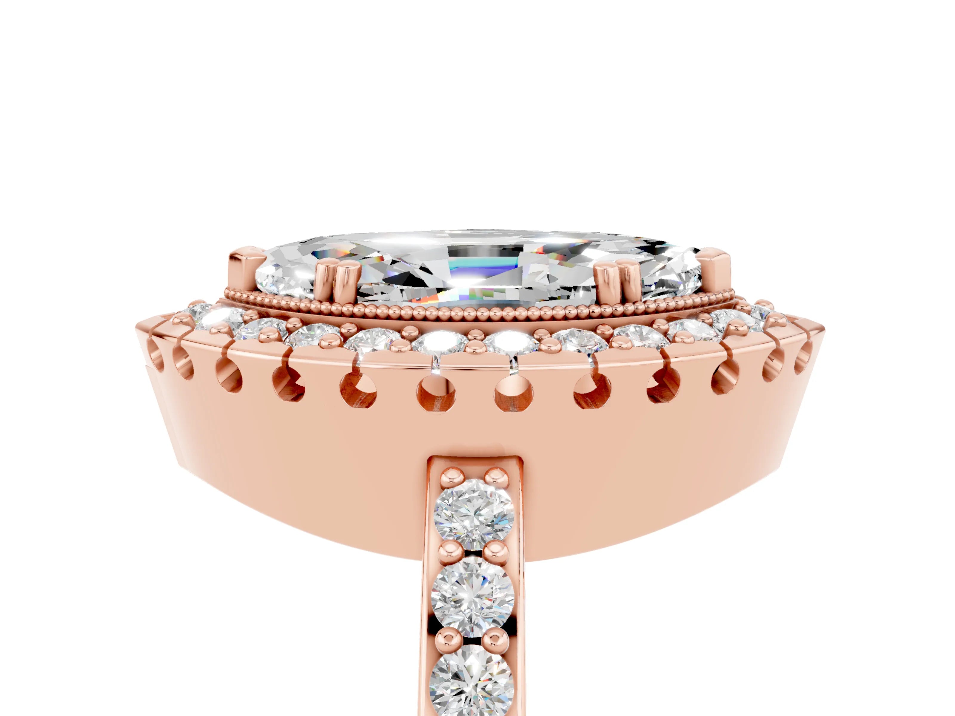 Rose gold Marquise Cut Moissanite Halo Ring with Pavé Band and Prong Setting_5