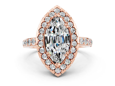 Rose gold Marquise Cut Moissanite Halo Ring with Pavé Band and Prong Setting