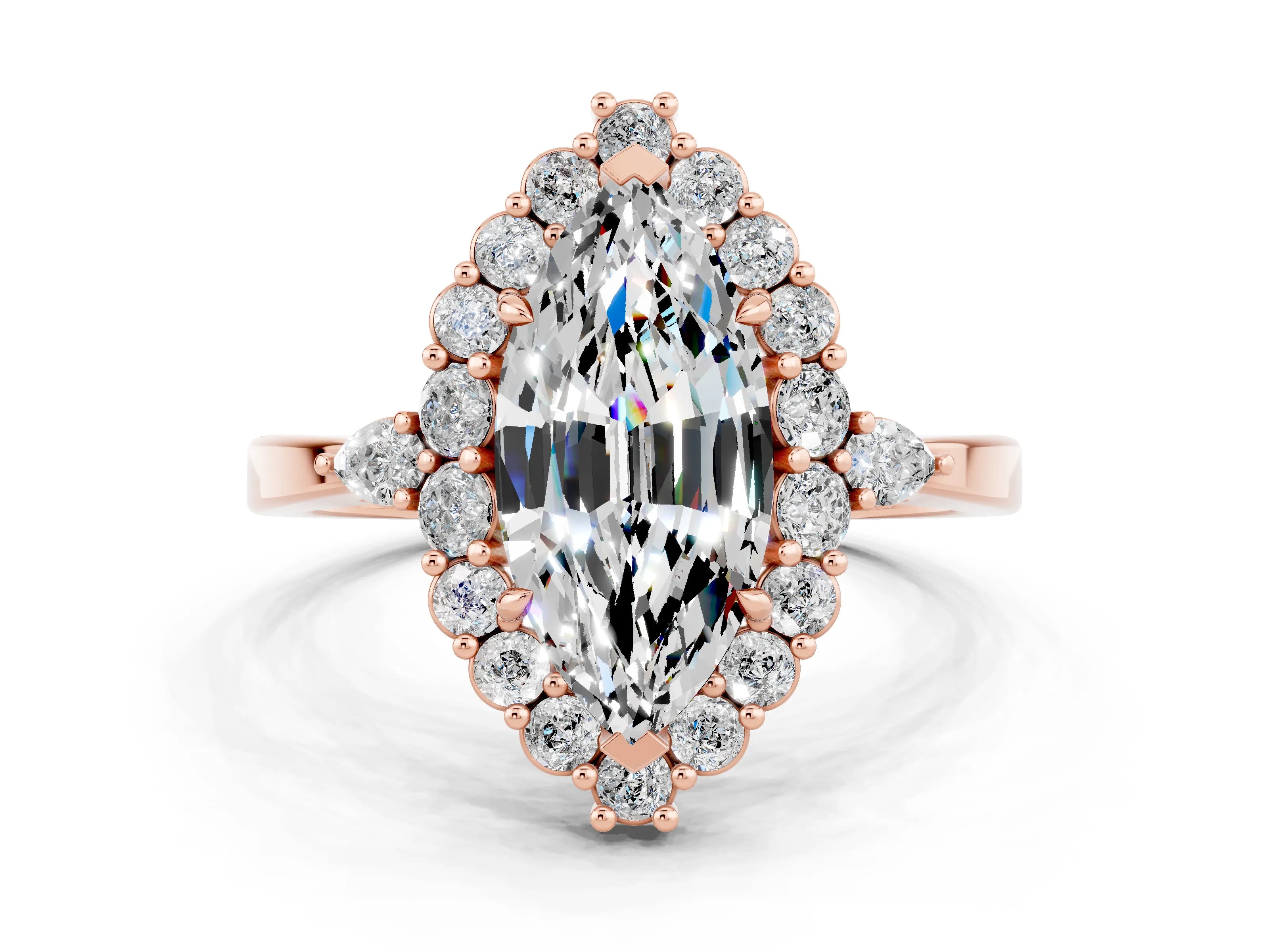 Rose gold Marquise Cut Moissanite Halo Ring with Pear Side Stones and Prong Setting_12