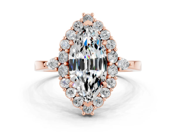 Rose gold Marquise Cut Moissanite Halo Ring with Pear Side Stones and Prong Setting