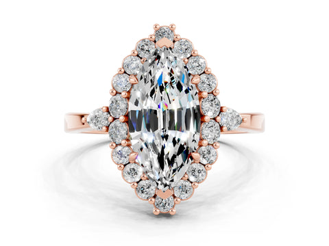 Rose gold Marquise Cut Moissanite Halo Ring with Pear Side Stones and Prong Setting_12