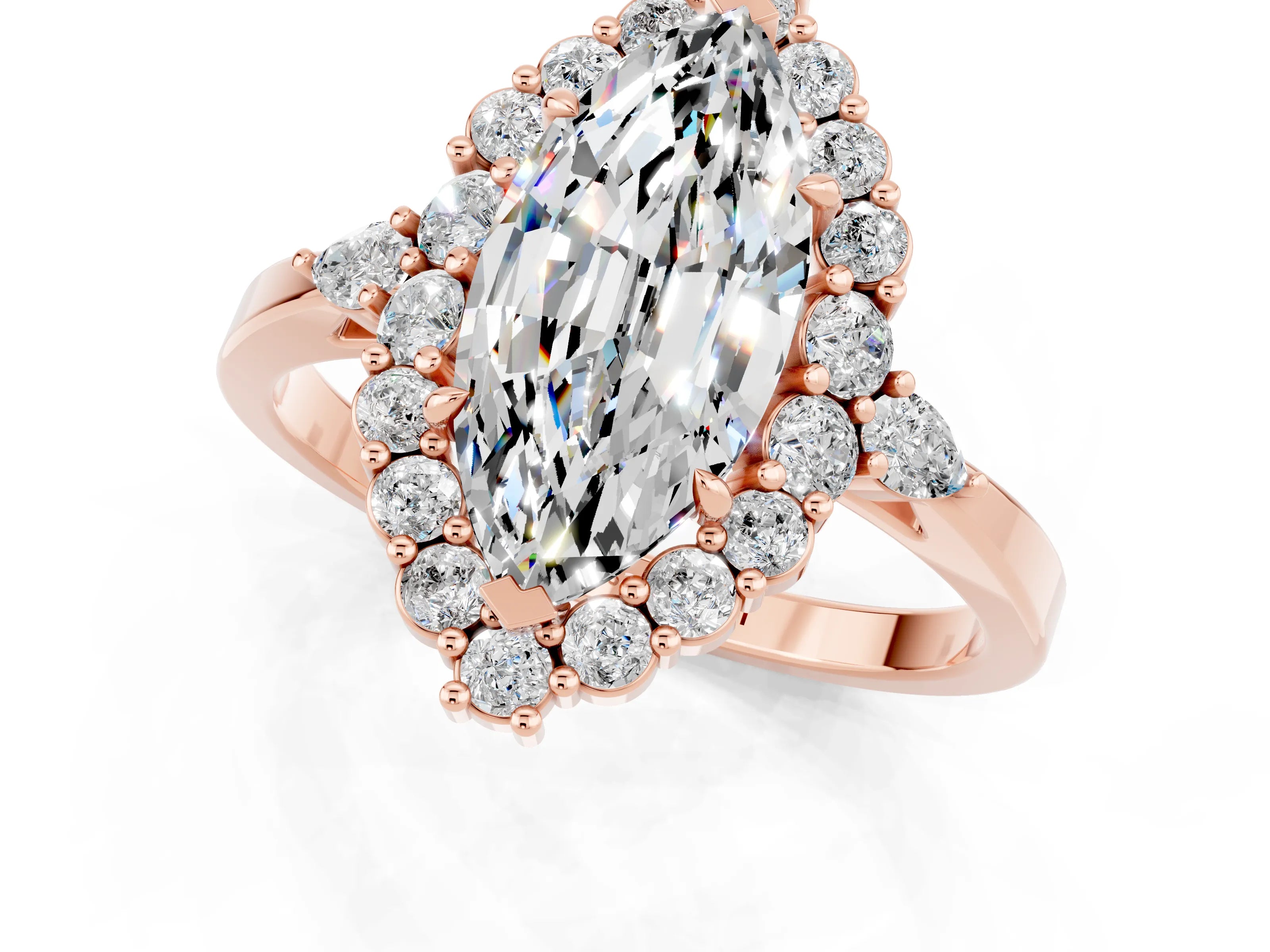 Rose gold Marquise Cut Moissanite Halo Ring with Pear Side Stones and Prong Setting_13