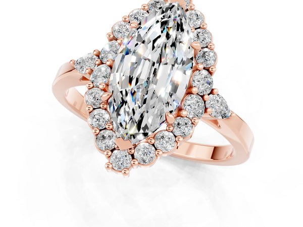 Rose gold Marquise Cut Moissanite Halo Ring with Pear Side Stones and Prong Setting