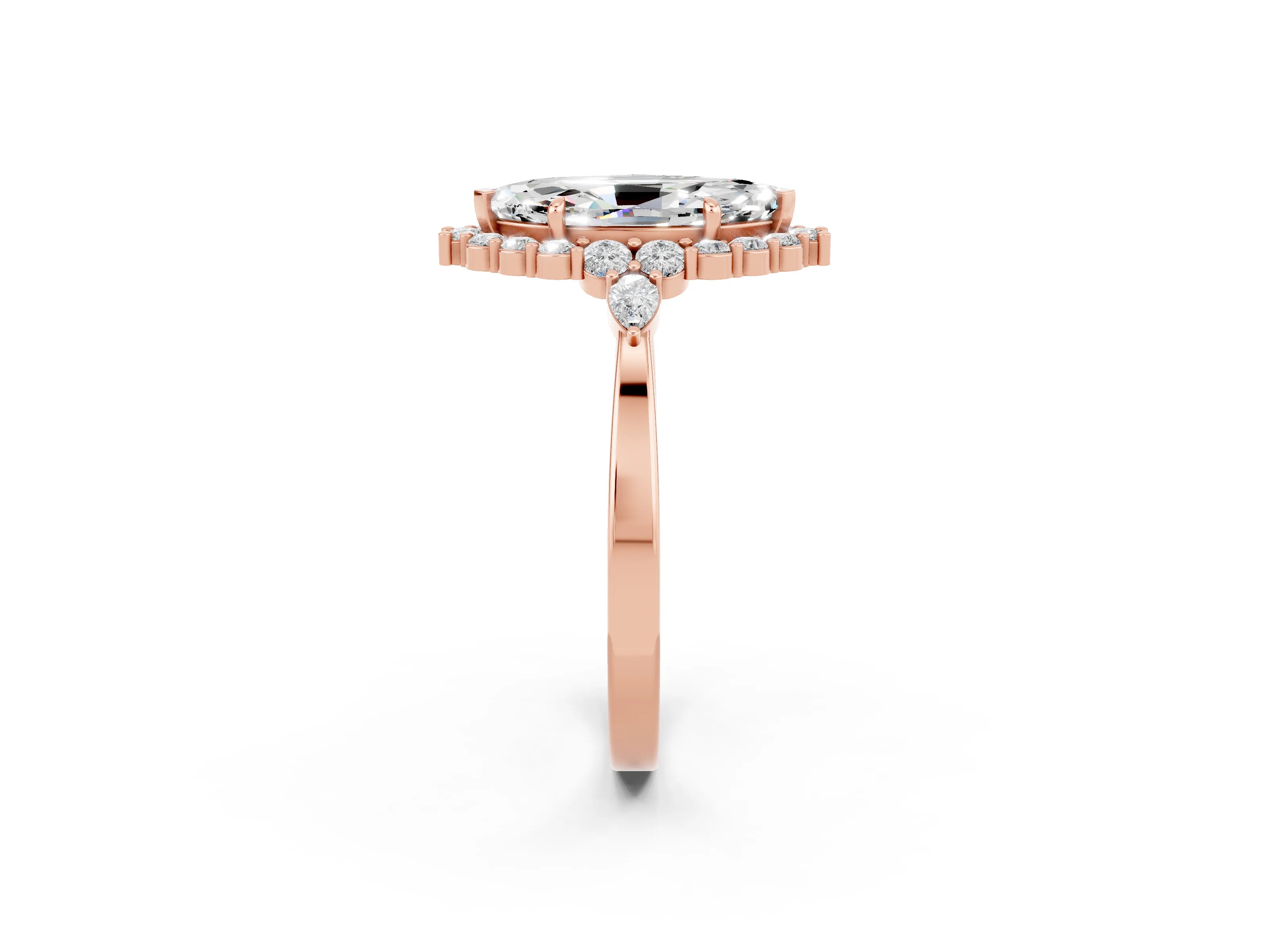 Rose gold Marquise Cut Moissanite Halo Ring with Pear Side Stones and Prong Setting_14