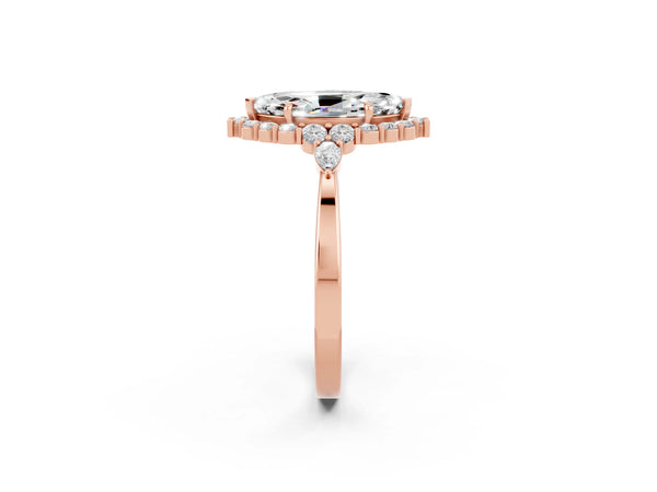Rose gold Marquise Cut Moissanite Halo Ring with Pear Side Stones and Prong Setting