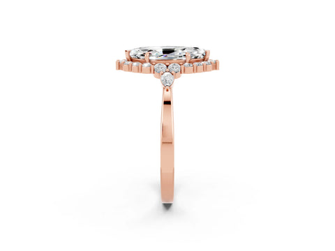 Rose gold Marquise Cut Moissanite Halo Ring with Pear Side Stones and Prong Setting_14