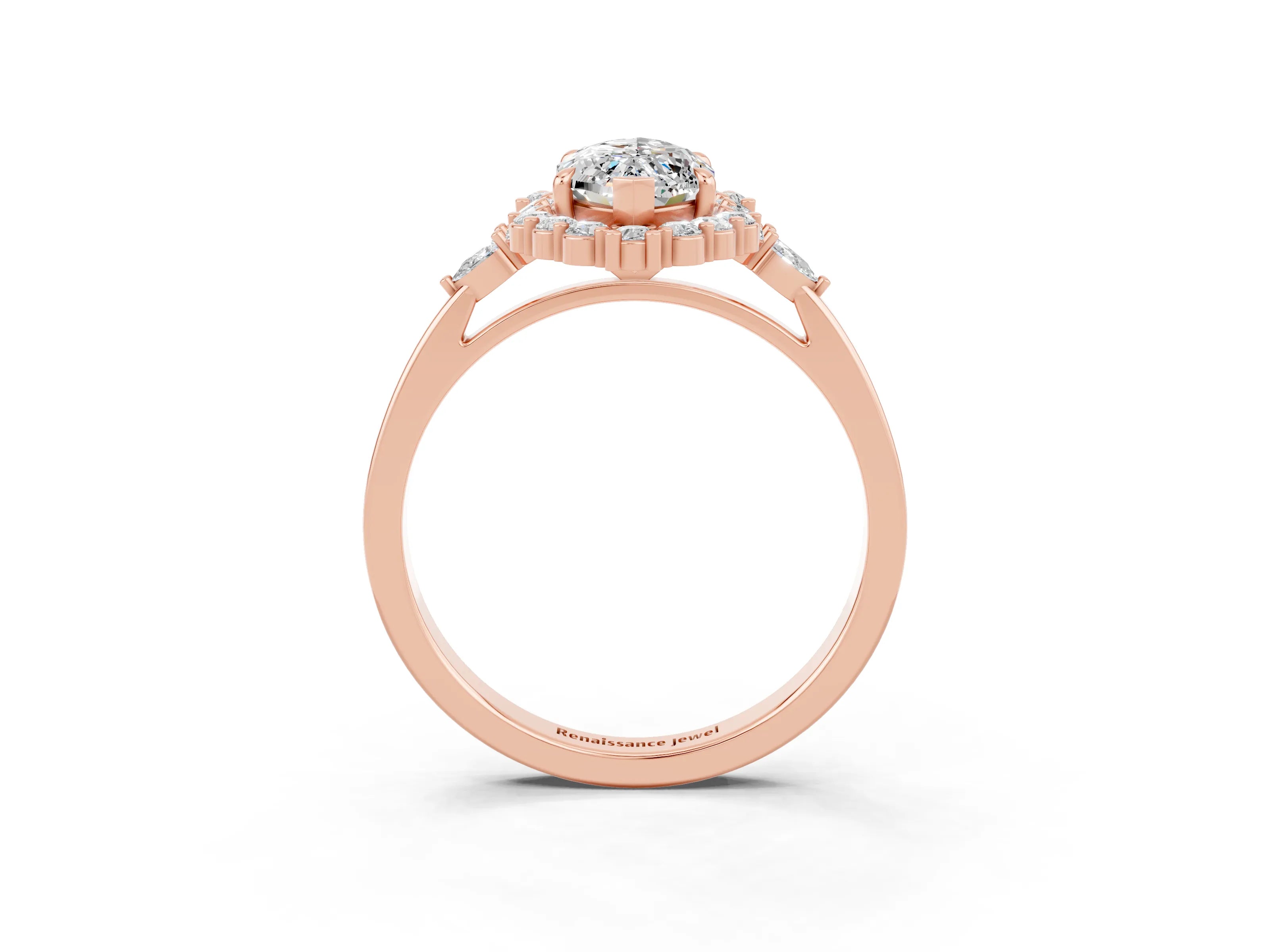 Rose gold Marquise Cut Moissanite Halo Ring with Pear Side Stones and Prong Setting_15