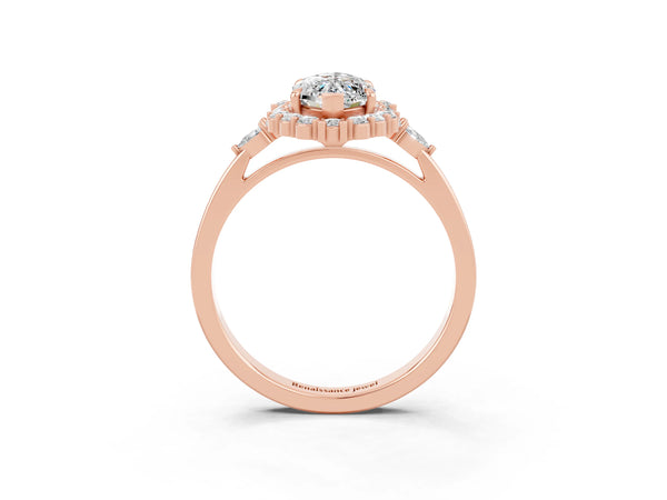 Rose gold Marquise Cut Moissanite Halo Ring with Pear Side Stones and Prong Setting