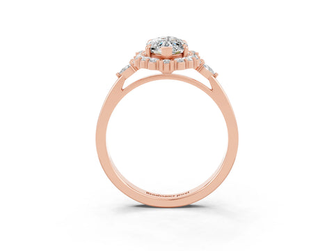Rose gold Marquise Cut Moissanite Halo Ring with Pear Side Stones and Prong Setting_15
