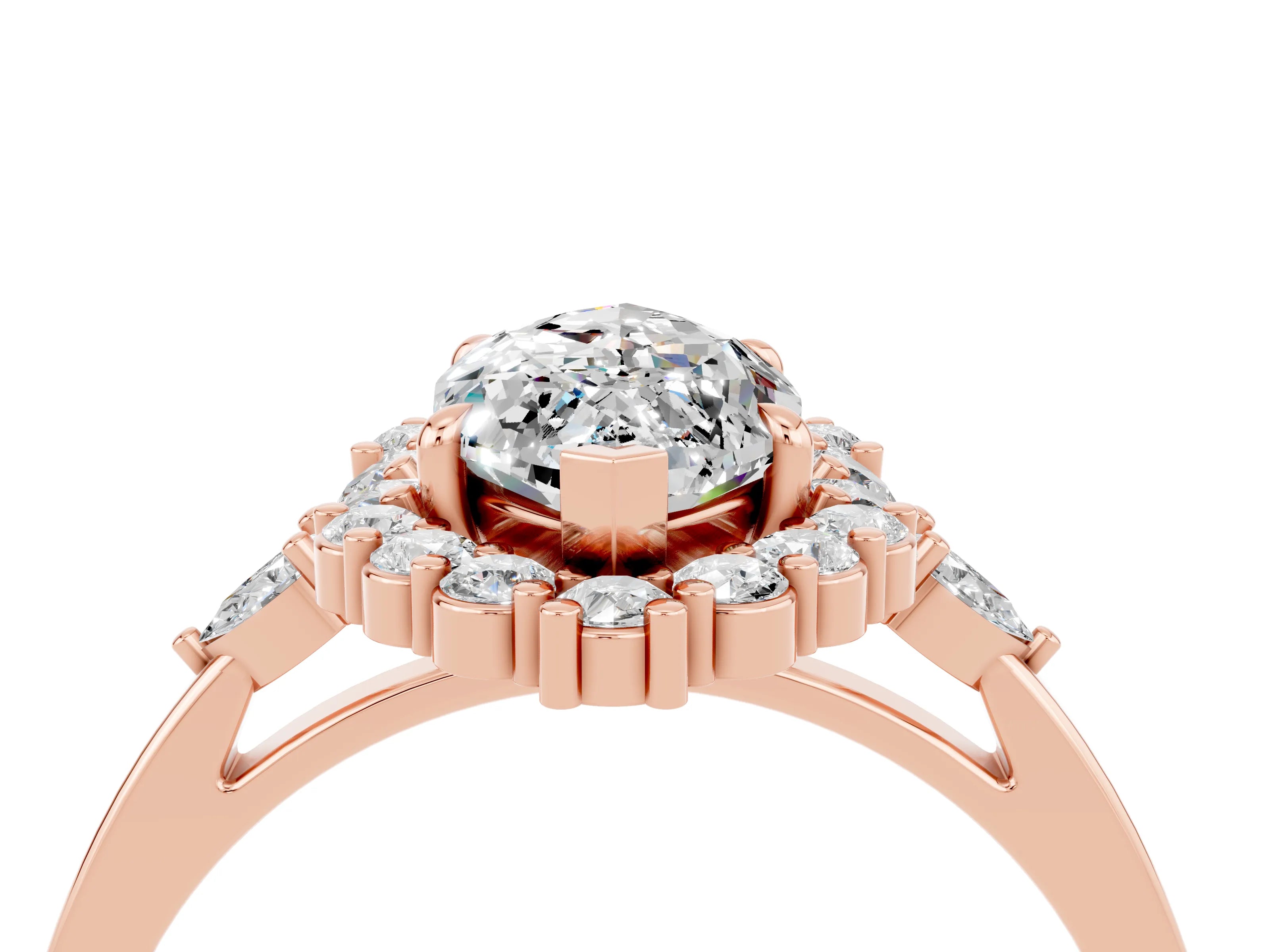 Rose gold Marquise Cut Moissanite Halo Ring with Pear Side Stones and Prong Setting_16