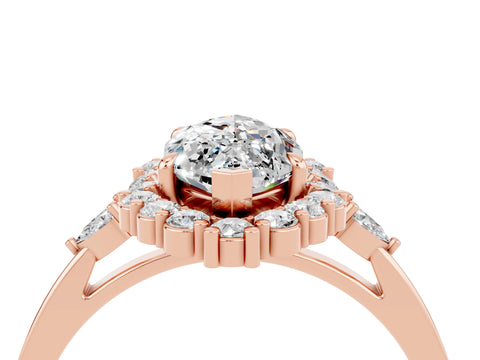 Rose gold Marquise Cut Moissanite Halo Ring with Pear Side Stones and Prong Setting_16