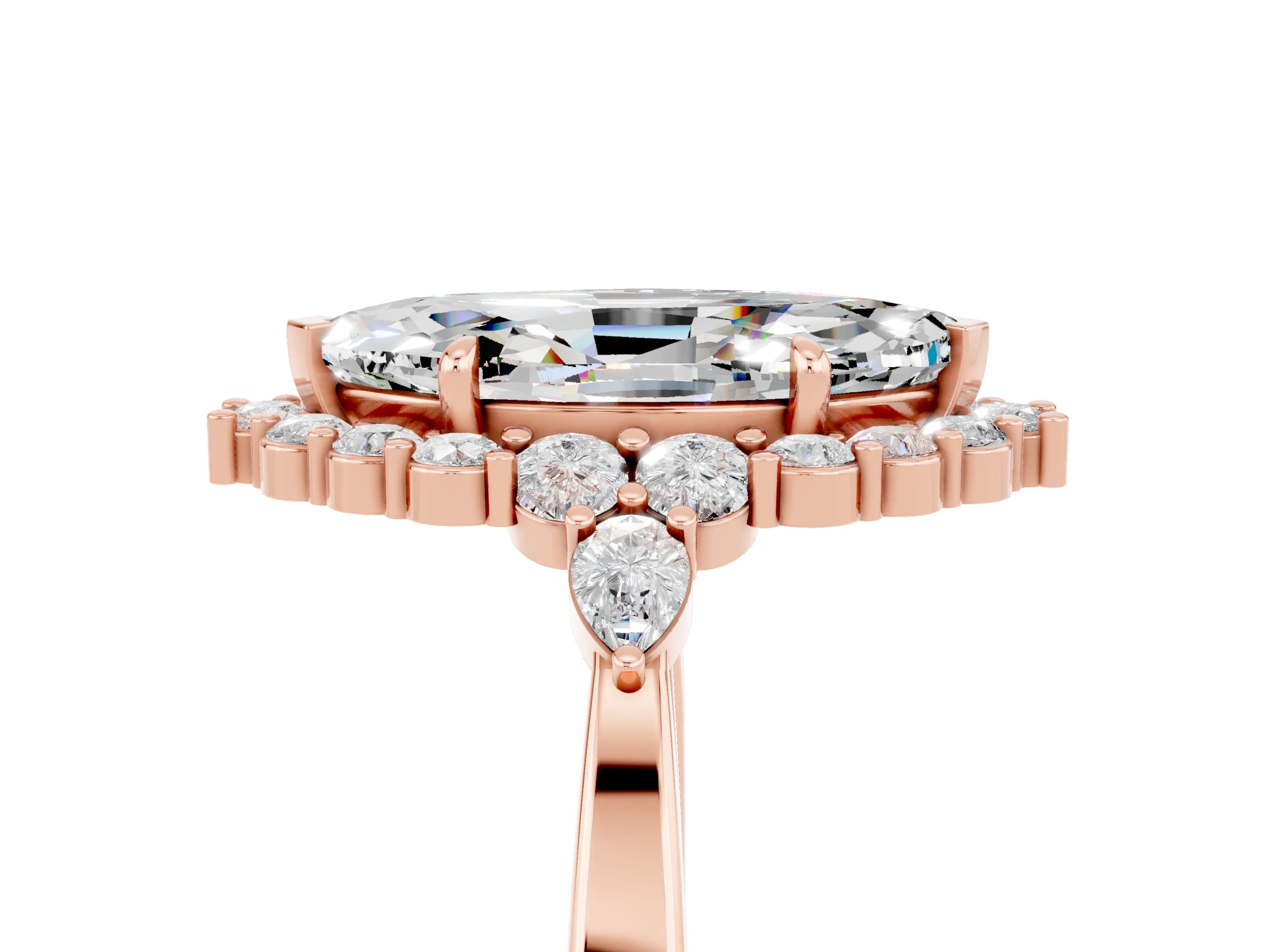 Rose gold Marquise Cut Moissanite Halo Ring with Pear Side Stones and Prong Setting_17