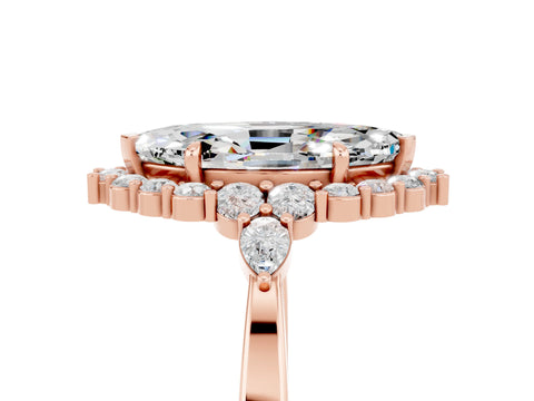 Rose gold Marquise Cut Moissanite Halo Ring with Pear Side Stones and Prong Setting_17