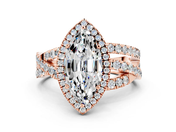 Rose gold Marquise Cut Moissanite Halo Ring with Round Split Shank and Prong Setting