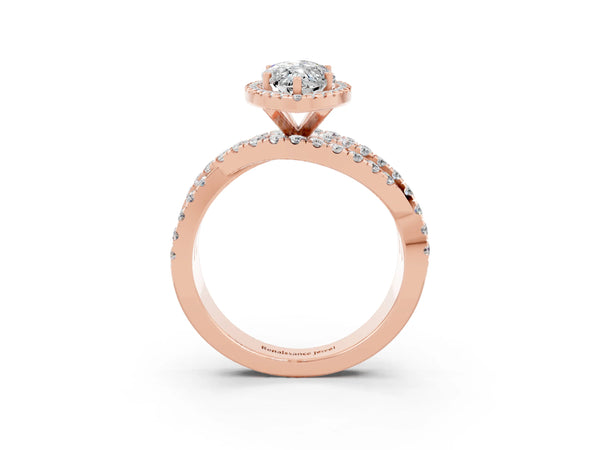 Rose gold Marquise Cut Moissanite Halo Ring with Round Split Shank and Prong Setting