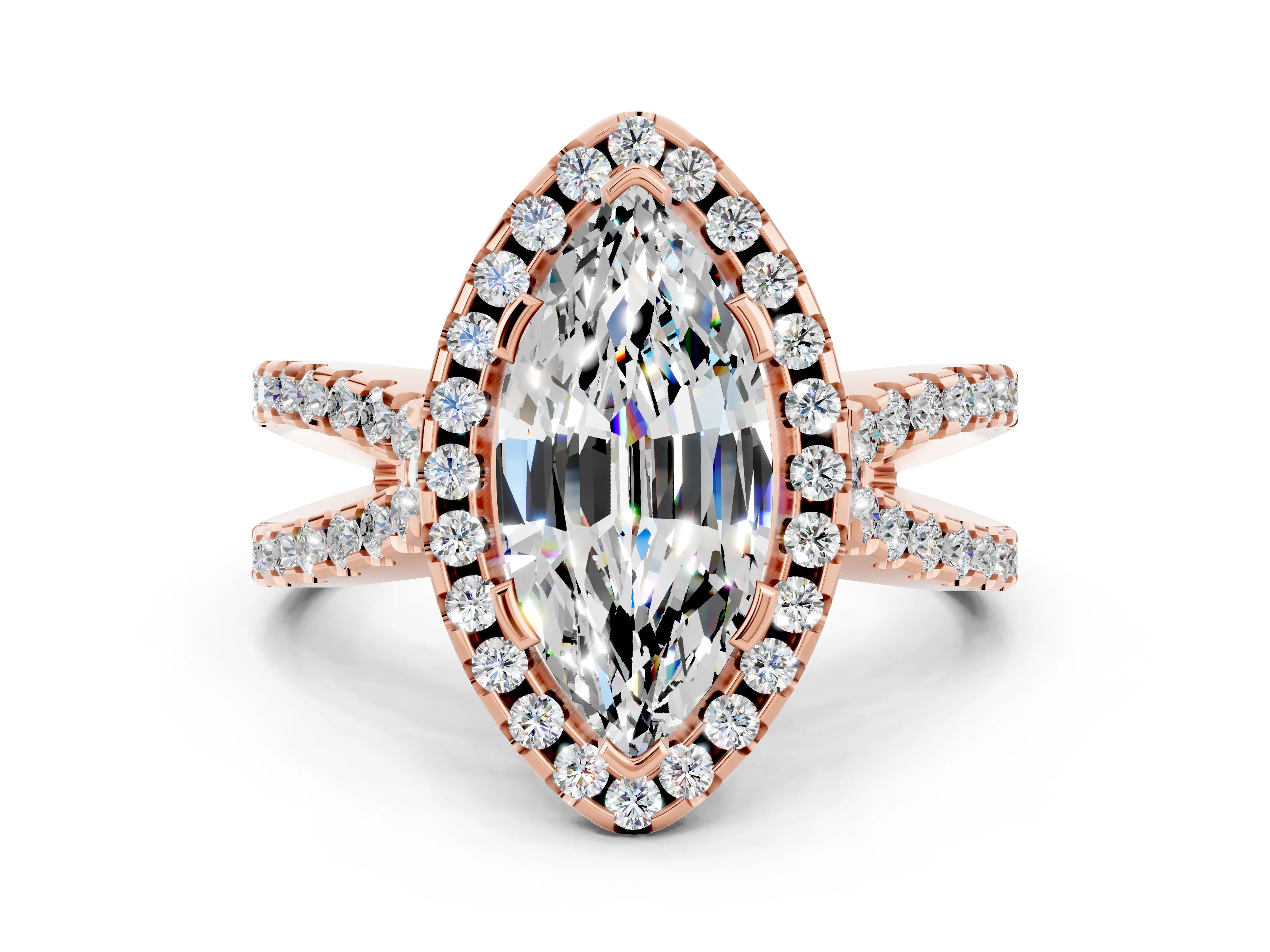Rose gold Marquise Cut Moissanite Halo Ring with Split Shank Pavé Band and Prong Setting