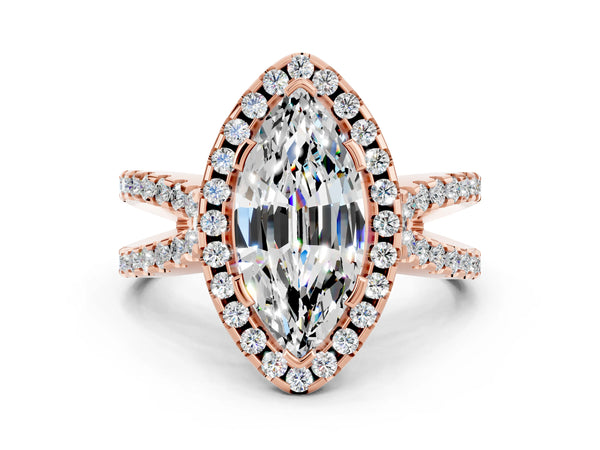 Rose gold Marquise Cut Moissanite Halo Ring with Split Shank Pavé Band and Prong Setting
