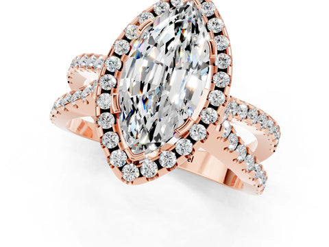 Rose gold Marquise Cut Moissanite Halo Ring with Split Shank Pavé Band and Prong Setting_1