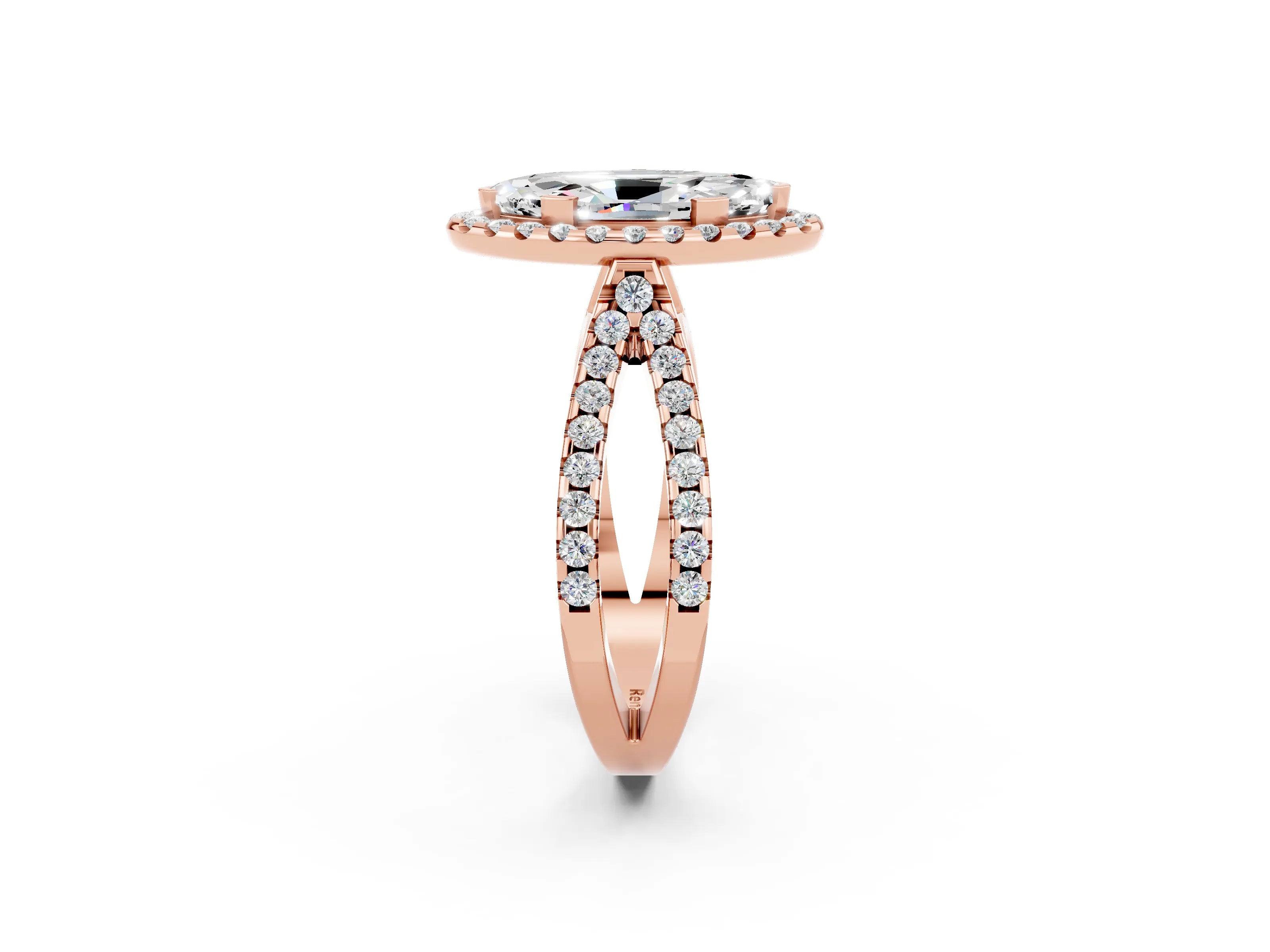 Rose gold Marquise Cut Moissanite Halo Ring with Split Shank Pavé Band and Prong Setting_2