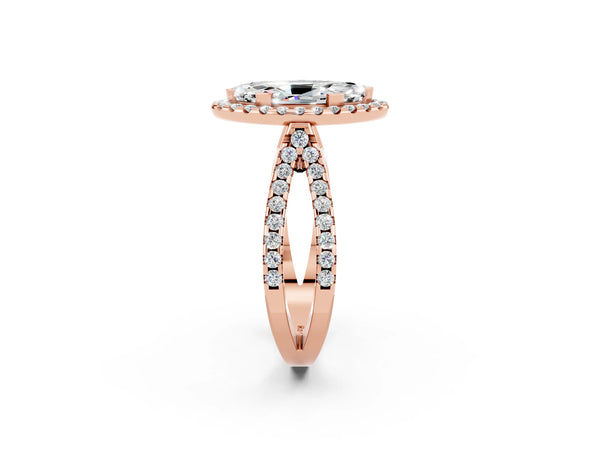 Rose gold Marquise Cut Moissanite Halo Ring with Split Shank Pavé Band and Prong Setting
