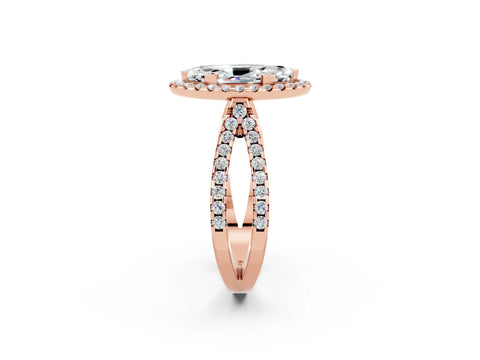 Rose gold Marquise Cut Moissanite Halo Ring with Split Shank Pavé Band and Prong Setting_2