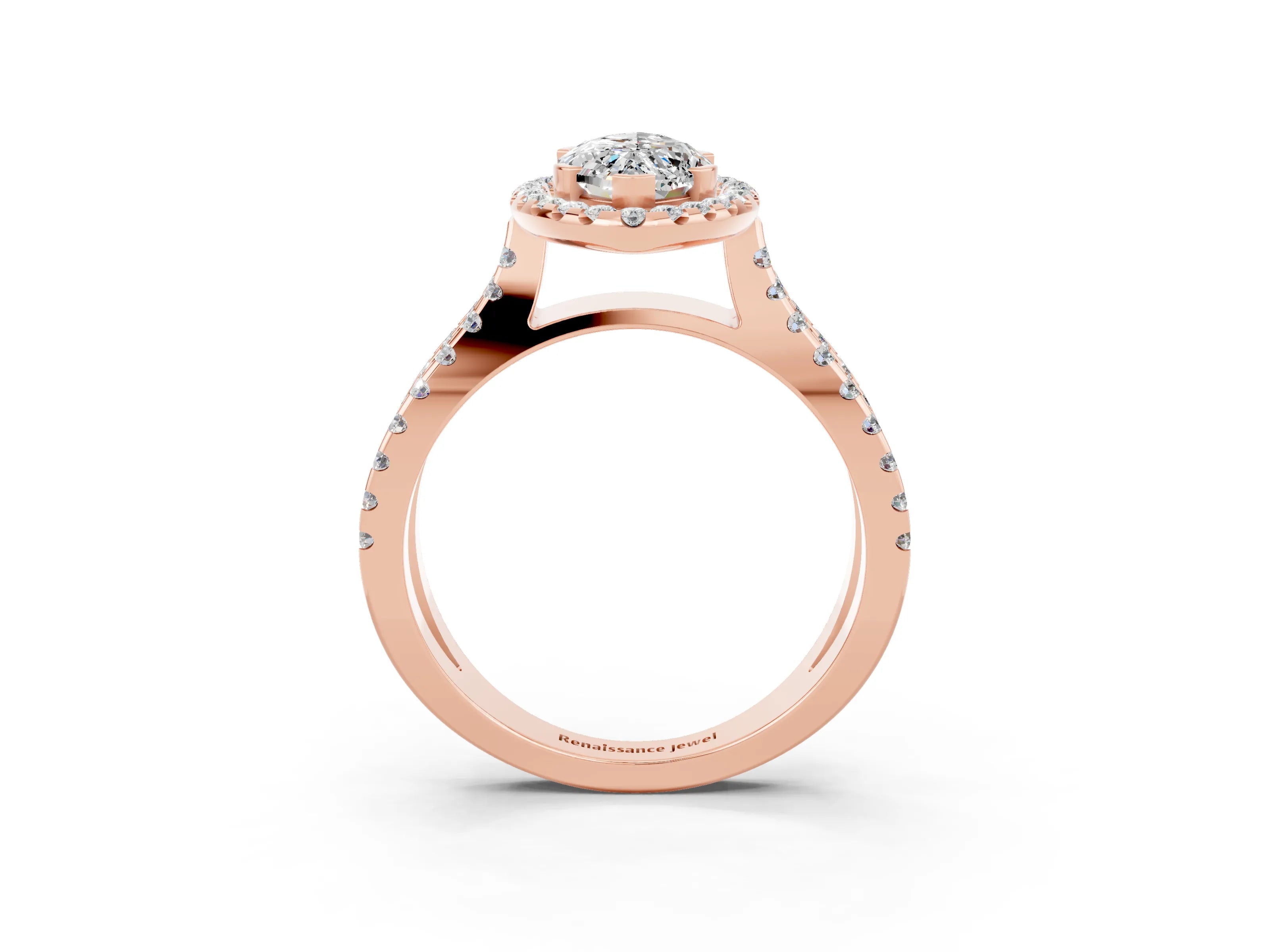 Rose gold Marquise Cut Moissanite Halo Ring with Split Shank Pavé Band and Prong Setting_3
