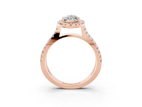 Rose gold Marquise Cut Moissanite Halo Ring with Split Shank Pavé Band and Prong Setting