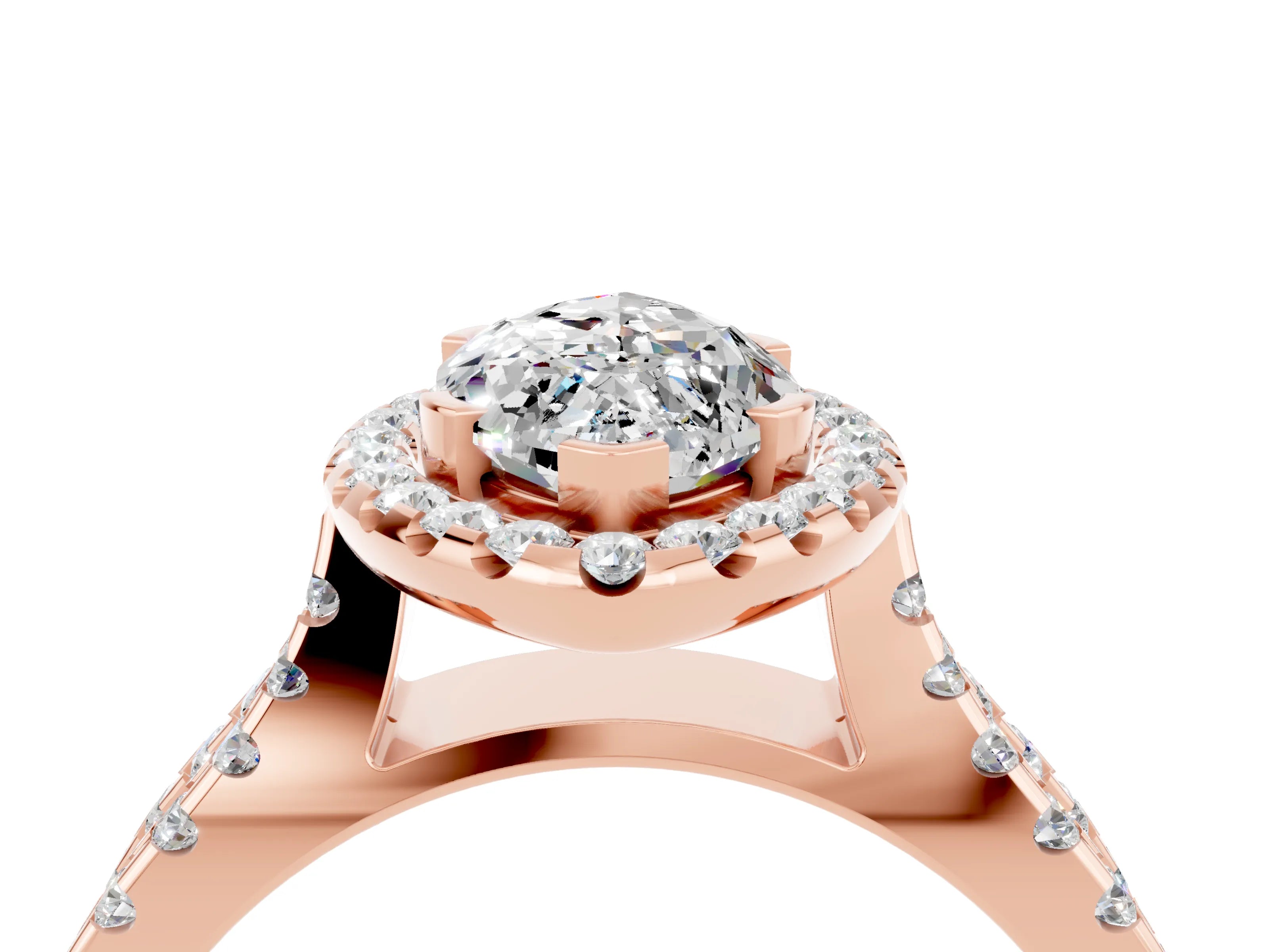 Rose gold Marquise Cut Moissanite Halo Ring with Split Shank Pavé Band and Prong Setting_4