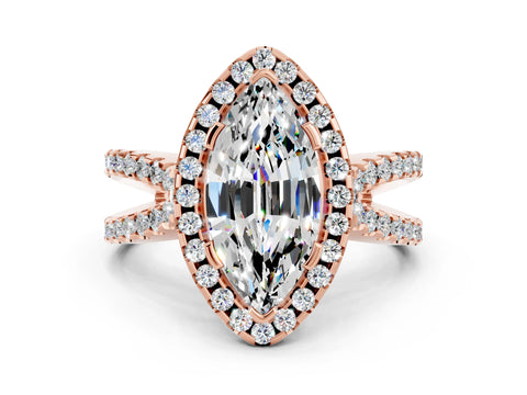 Rose gold Marquise Cut Moissanite Halo Ring with Split Shank Pavé Band and Prong Setting