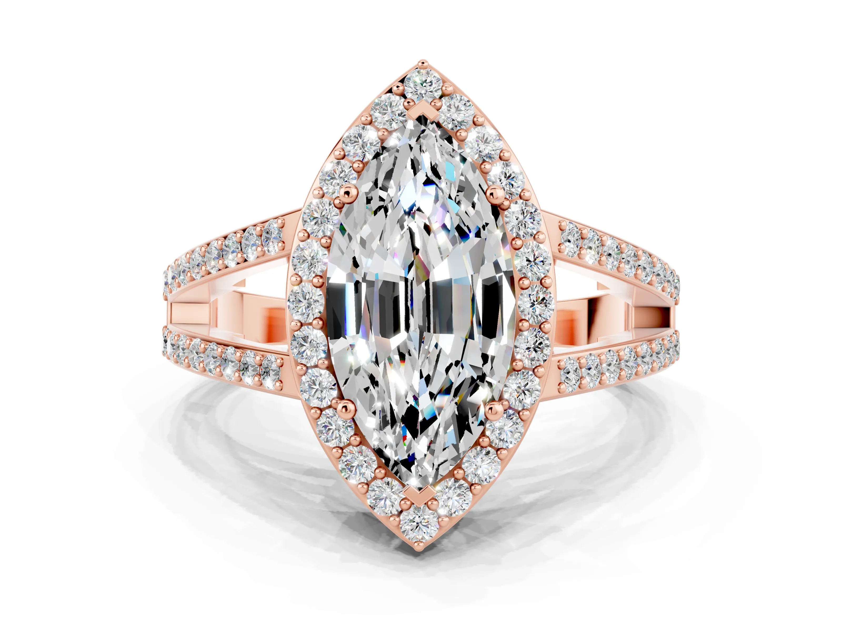 Rose gold Marquise Cut Moissanite Halo Ring with Split Shank U-Prong Band and Four-Prong Setting