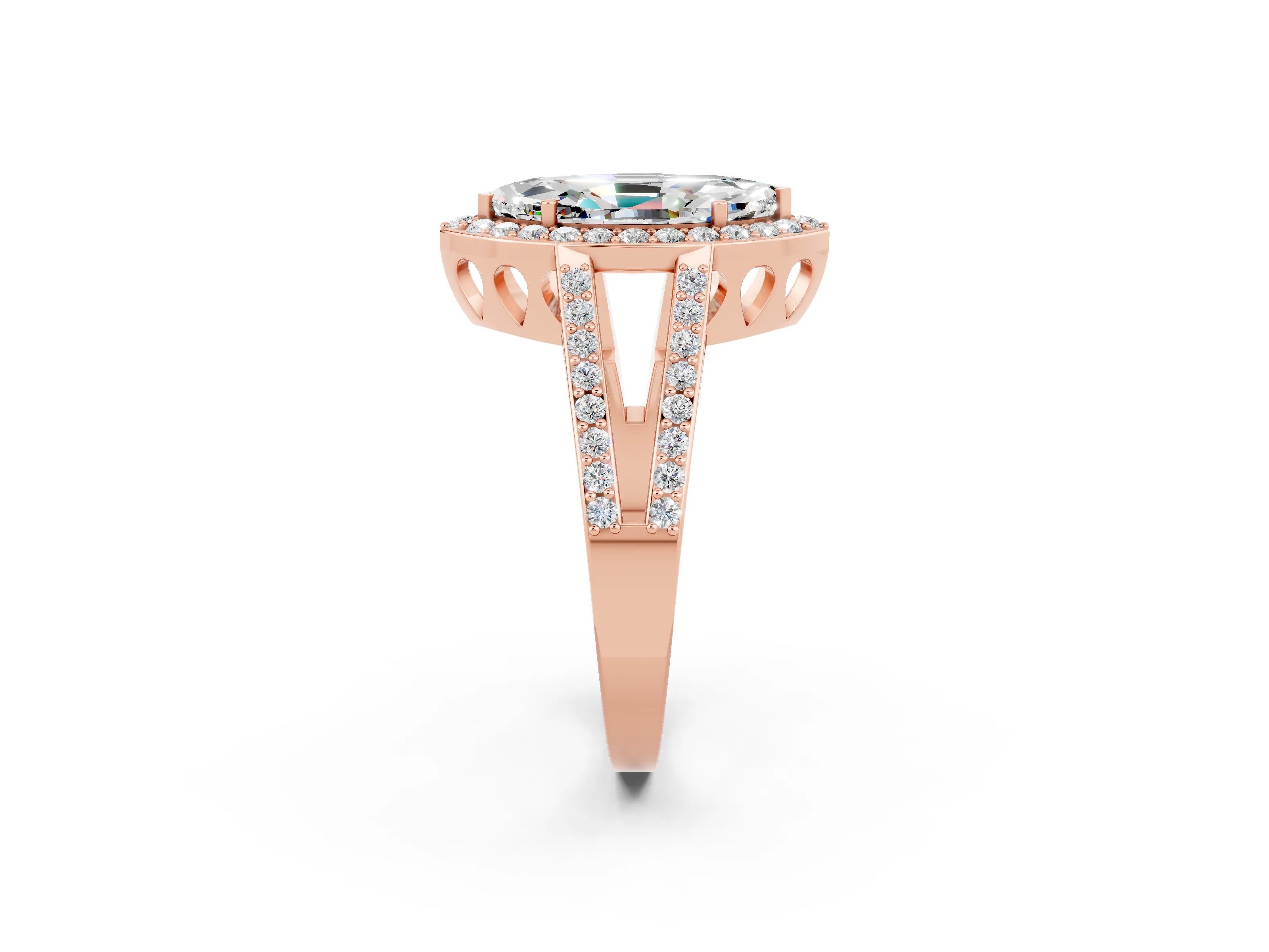 Rose gold Marquise Cut Moissanite Halo Ring with Split Shank U-Prong Band and Four-Prong Setting_2