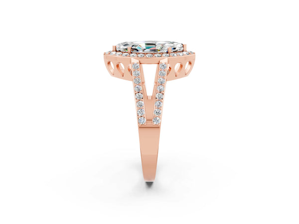 Rose gold Marquise Cut Moissanite Halo Ring with Split Shank U-Prong Band and Four-Prong Setting