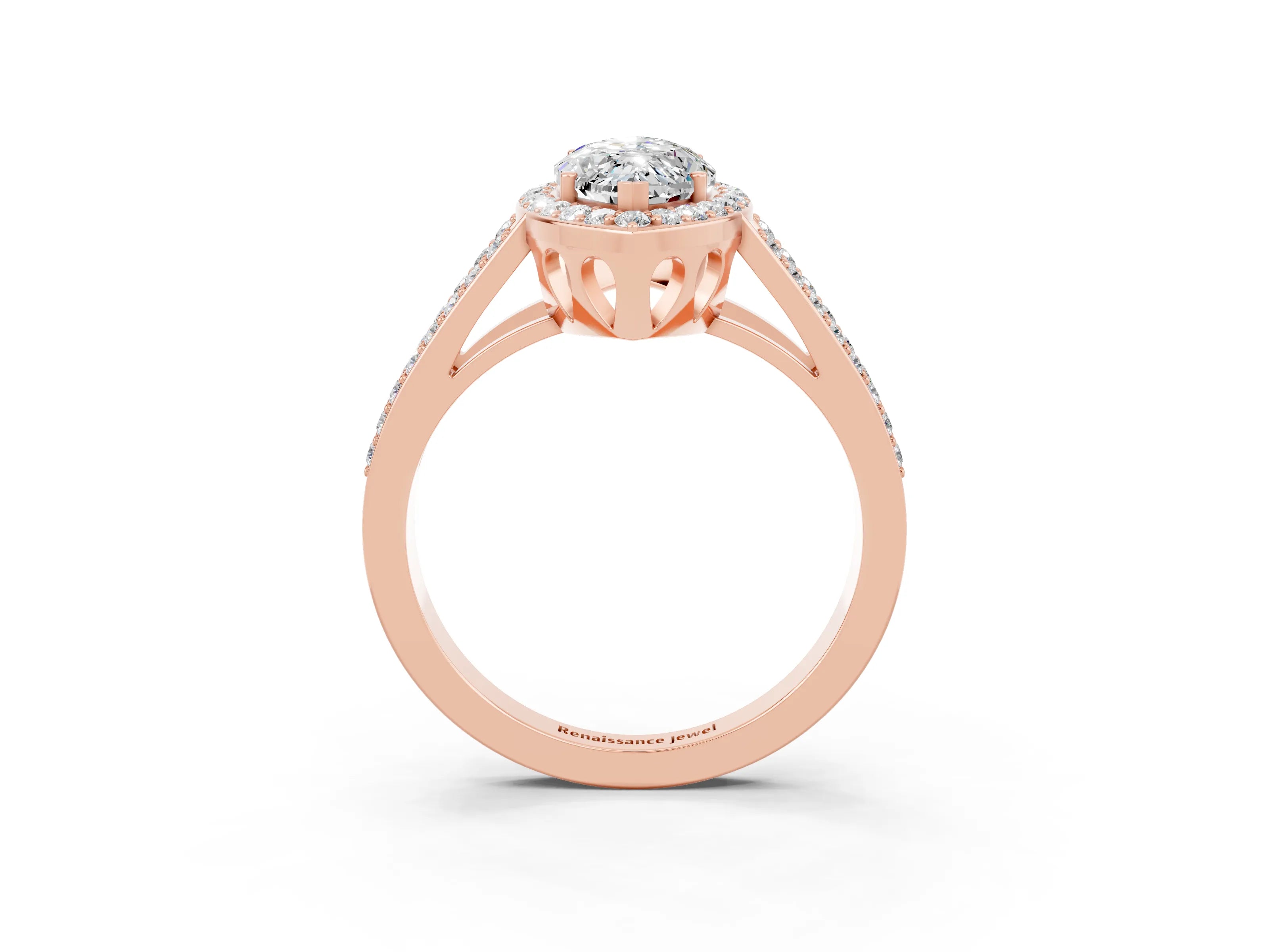 Rose gold Marquise Cut Moissanite Halo Ring with Split Shank U-Prong Band and Four-Prong Setting_3